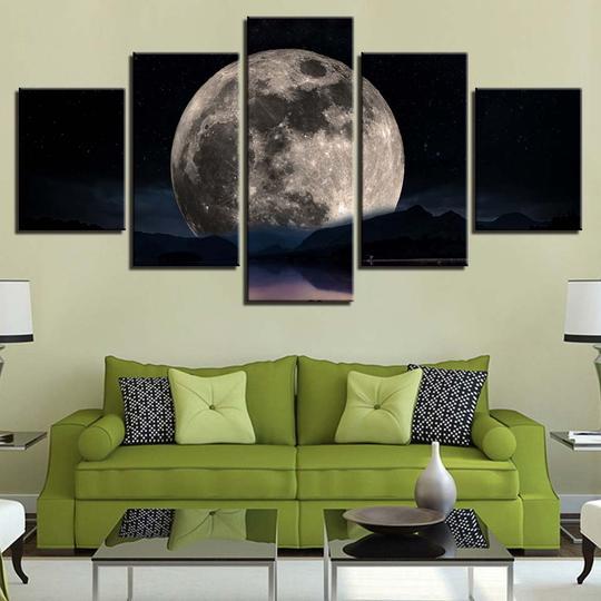Full Moon Over The Lake - Nature 5 Panel Canvas Art Wall Decor Full Moon Over The Lake - Nature 5 Panel Canvas Art Wall Decor