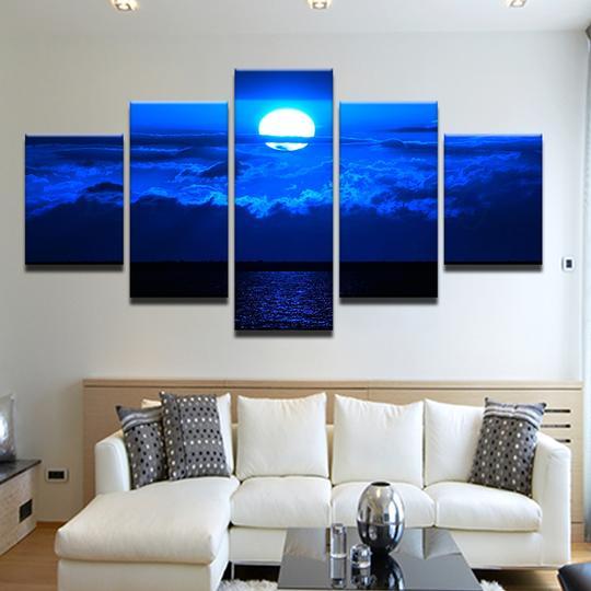 Full Moon Over The Sea - Nature 5 Panel Canvas Art Wall Decor Full Moon Over The Sea - Nature 5 Panel Canvas Art Wall Decor