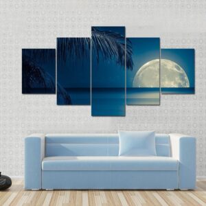 Full Moon Reflected On The Calm Water Of A Tropical Beach - Nature 5 Panel Canvas Art Wall Decor