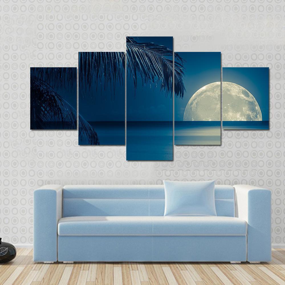 Full Moon Reflected On The Calm Water Of A Tropical Beach - Nature 5 Panel Canvas Art Wall Decor Full Moon Reflected On The Calm Water Of A Tropical Beach - Nature 5 Panel Canvas Art Wall Decor