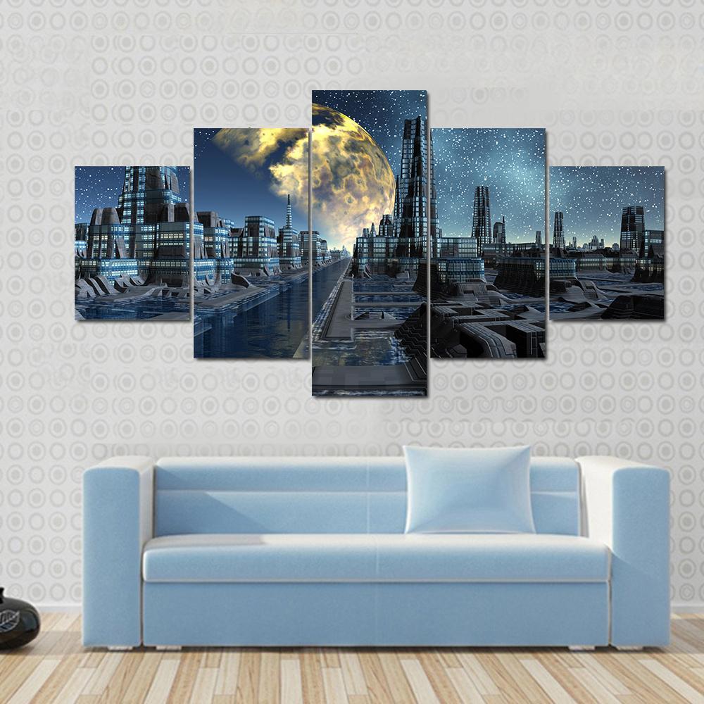 Futuristic Alien City Base - Nature 5 Panel Canvas Art Wall Decor Futuristic Alien City Base - Nature 5 Panel Canvas Art Wall Decor