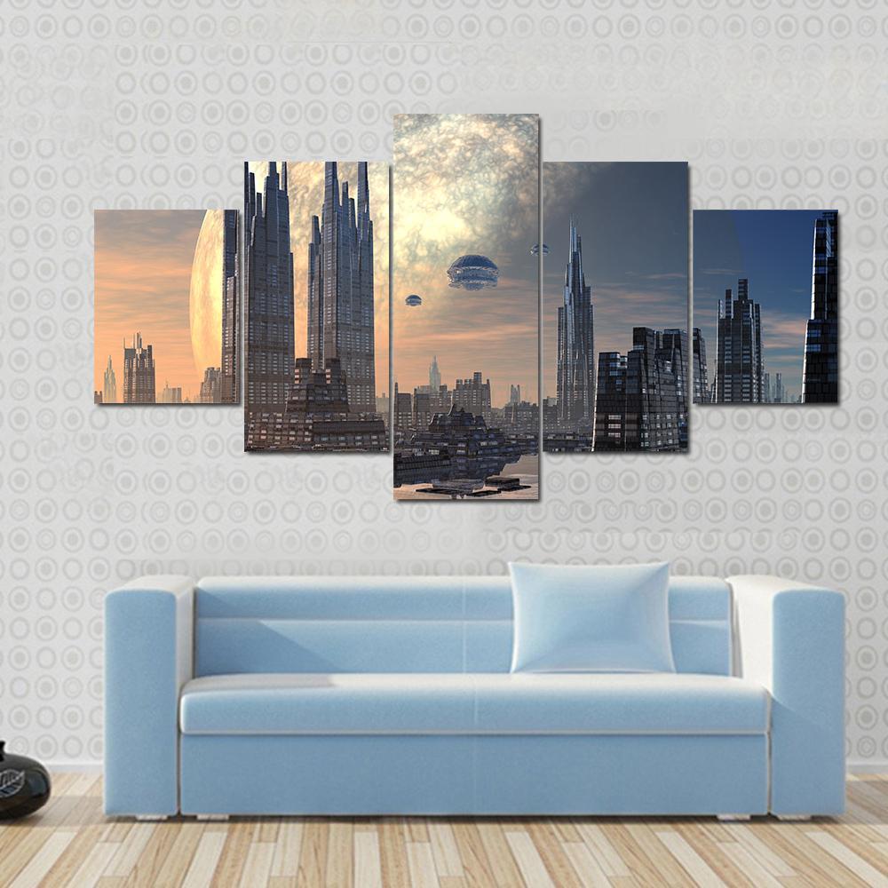 Futuristic Alien City On Water Planet - Abstract 5 Panel Canvas Art Wall Decor Futuristic Alien City On Water Planet - Abstract 5 Panel Canvas Art Wall Decor