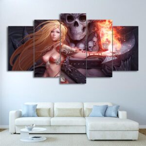 Game Mage Sexy Girl Skull Fire Beauty - Anime 5 Panel Canvas Art Wall Decor