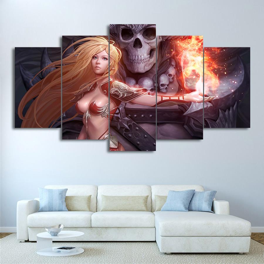 Game Mage Sexy Girl Skull Fire Beauty - Anime 5 Panel Canvas Art Wall Decor Game Mage Sexy Girl Skull Fire Beauty - Anime 5 Panel Canvas Art Wall Decor