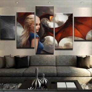 Game Of Thrones Flying Dragon And Targaryen 1 - Movie 5 Panel Canvas Art Wall Decor