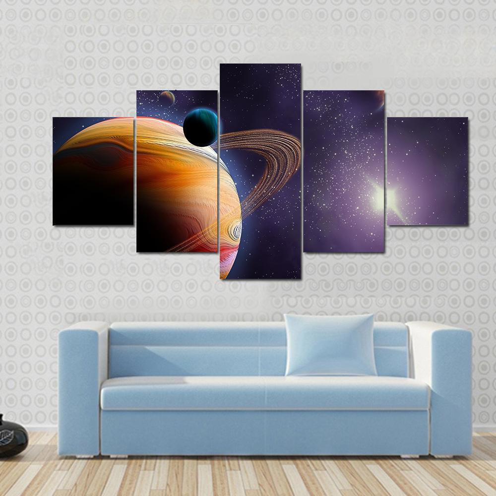 Gasy Planet With Its Moons And Star - Space 5 Panel Canvas Art Wall Decor Gasy Planet With Its Moons And Star - Space 5 Panel Canvas Art Wall Decor