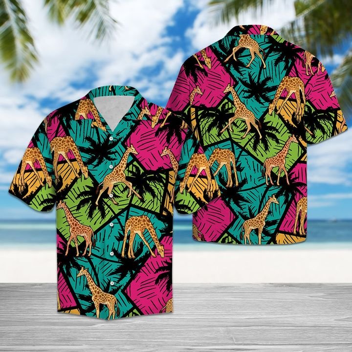 Giraffe Coconut Palm Tree Hawaiian Shirt Summer Button Up Giraffe Coconut Palm Tree Hawaiian Shirt Summer Button Up