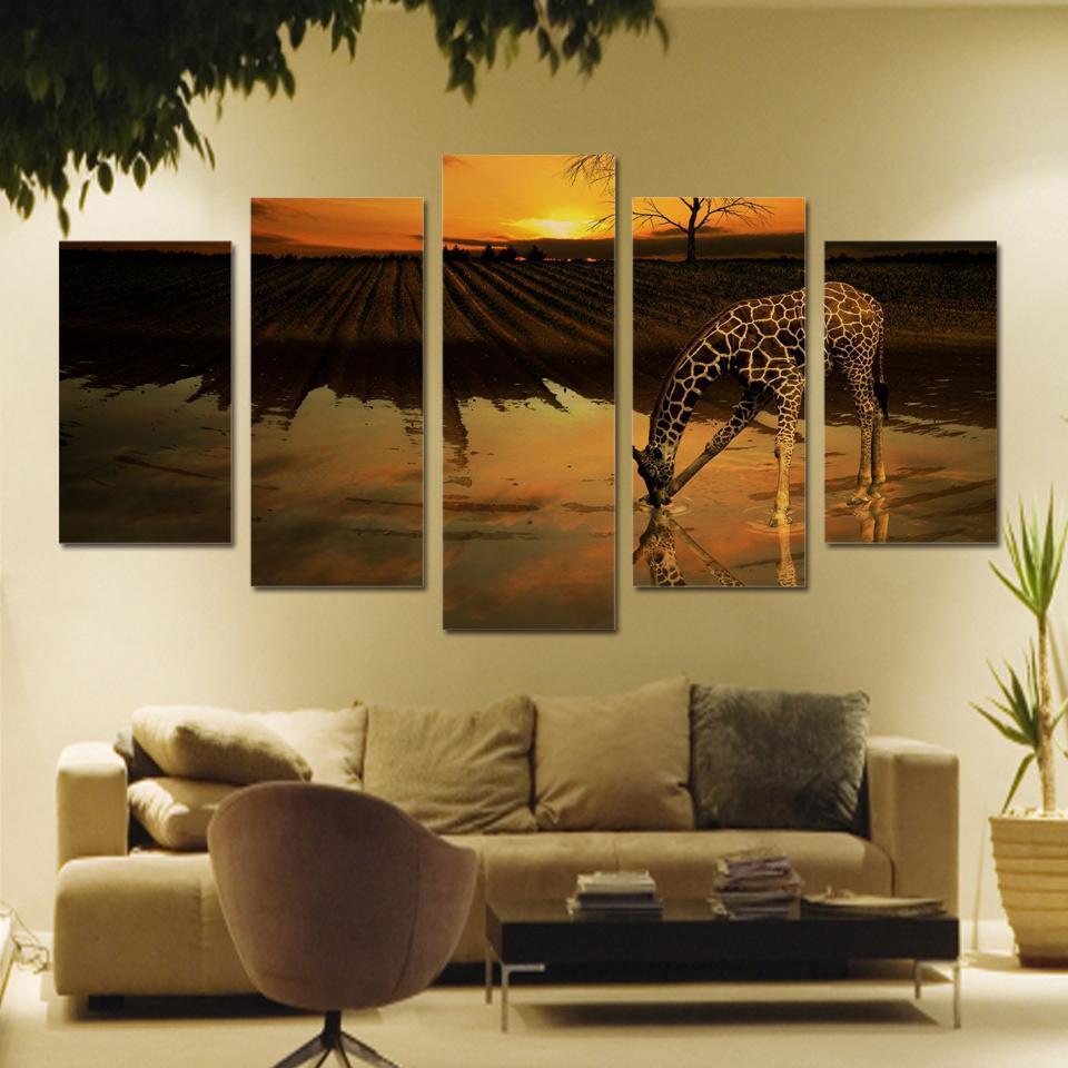 Giraffe Drinking - Animal 5 Panel Canvas Art Wall Decor Giraffe Drinking - Animal 5 Panel Canvas Art Wall Decor