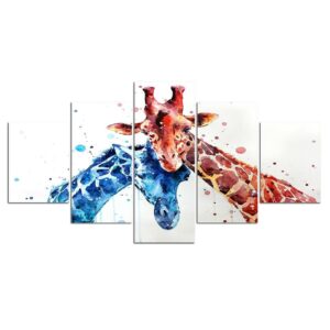 Giraffe Giraffes Colorful - Abstract 5 Panel Canvas Art Wall Decor