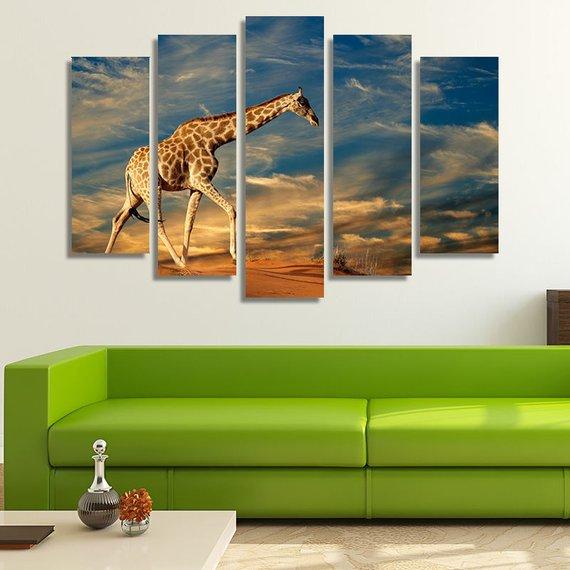 Giraffe On A Sand Dune 01 - Animal 5 Panel Canvas Art Wall Decor Giraffe On A Sand Dune 01 - Animal 5 Panel Canvas Art Wall Decor