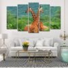 Giraffes Green Tree - Animal 5 Panel Canvas Art Wall Decor