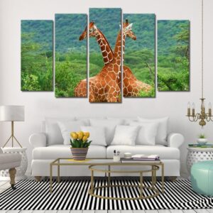 Giraffes Green Tree - Animal 5 Panel Canvas Art Wall Decor