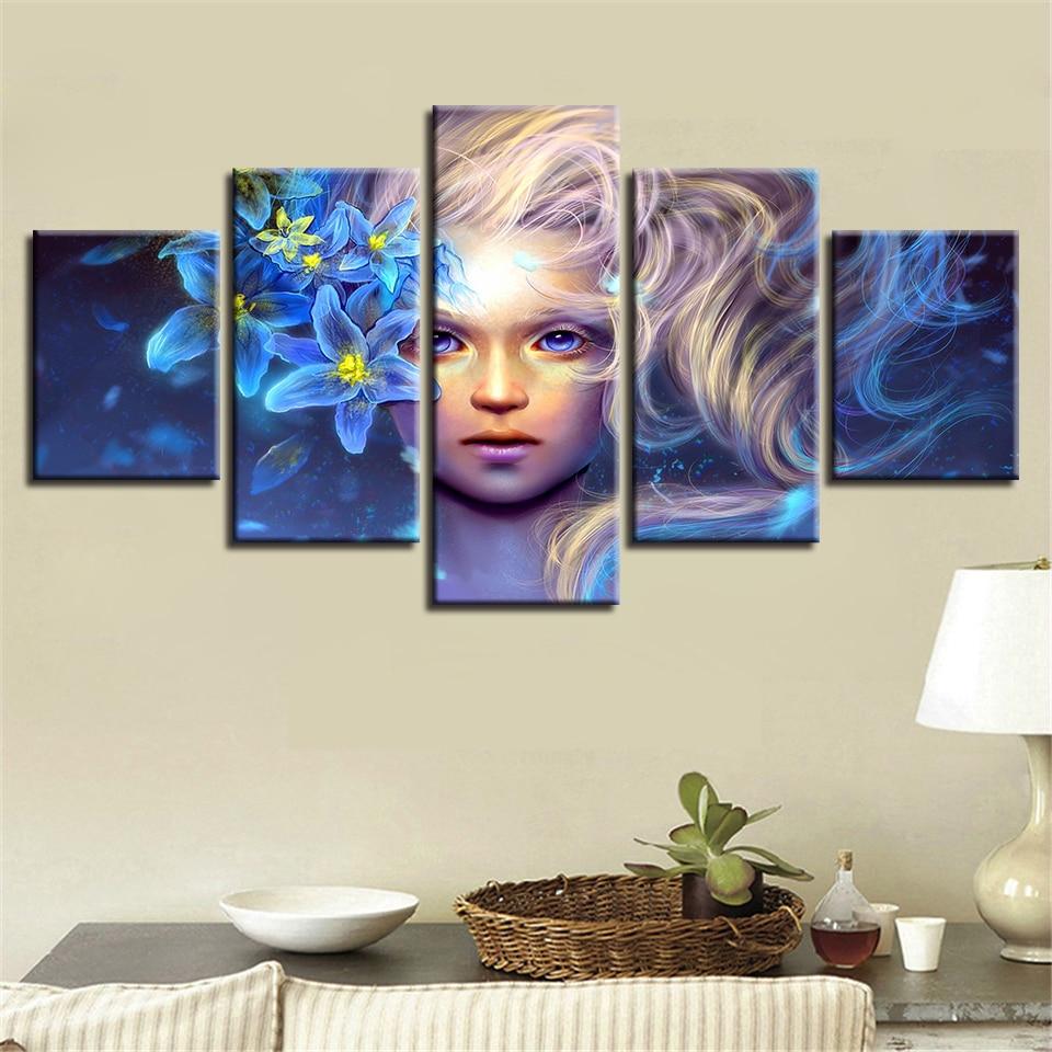 Girl And Blue Flower - Abstract 5 Panel Canvas Art Wall Decor Girl And Blue Flower - Abstract 5 Panel Canvas Art Wall Decor