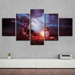 Girl Animal Deer - Abstract Animal 5 Panel Canvas Art Wall Decor