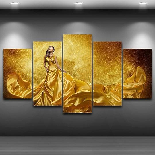 Girl In Golden Ball Gown - Abstract 5 Panel Canvas Art Wall Decor Girl In Golden Ball Gown - Abstract 5 Panel Canvas Art Wall Decor