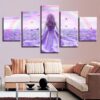 Girl Stood In The Purple Flower Sea - Abstract 5 Panel Canvas Art Wall Decor