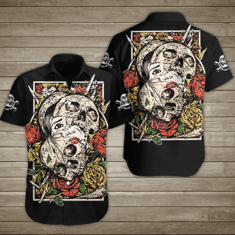 Girl With Human Skull And Roses Hawaiian Shirt Summer Button Up Girl With Human Skull And Roses Hawaiian Shirt Summer Button Up