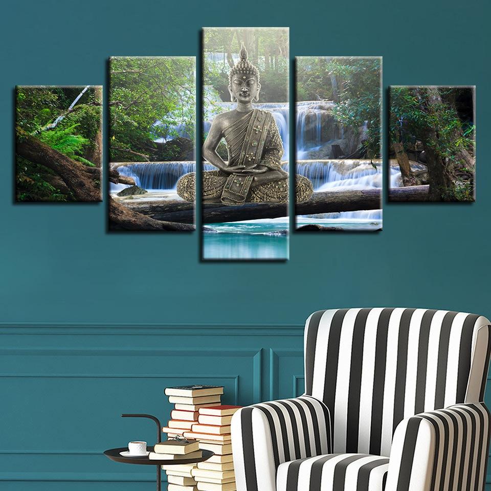 Gold Buddha Meditation Waterfall - Religion 5 Panel Canvas Art Wall Decor Gold Buddha Meditation Waterfall - Religion 5 Panel Canvas Art Wall Decor