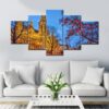 Gold Color Building And Tree - Nature 5 Panel Canvas Art Wall Decor