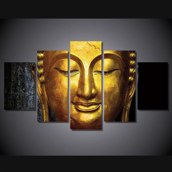 Golden Buddha Head - Religion 5 Panel Canvas Art Wall Decor Golden Buddha Head - Religion 5 Panel Canvas Art Wall Decor