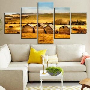 Golden Countryside Barns 01 - Nature 5 Panel Canvas Art Wall Decor