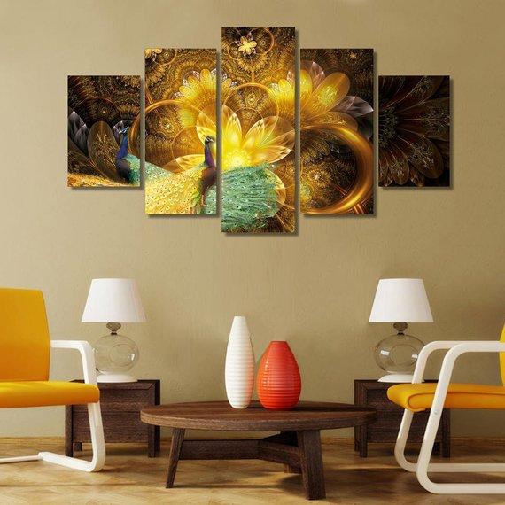 Golden Peacock - Abstract Animal 5 Panel Canvas Art Wall Decor Golden Peacock - Abstract Animal 5 Panel Canvas Art Wall Decor