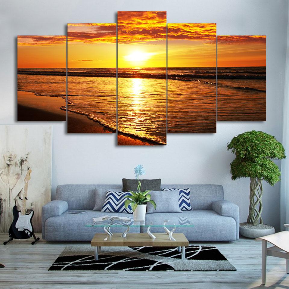 Golden Sunset Beach Landscape - Nature 5 Panel Canvas Art Wall Decor Golden Sunset Beach Landscape - Nature 5 Panel Canvas Art Wall Decor
