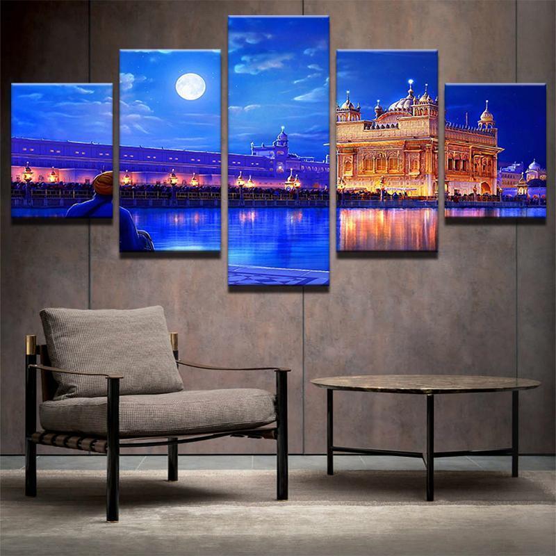 Golden Temple Drawing Night - Abstract 5 Panel Canvas Art Wall Decor Golden Temple Drawing Night - Abstract 5 Panel Canvas Art Wall Decor