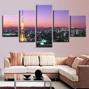 Golden Tower Paris City - Nature 5 Panel Canvas Art Wall Decor