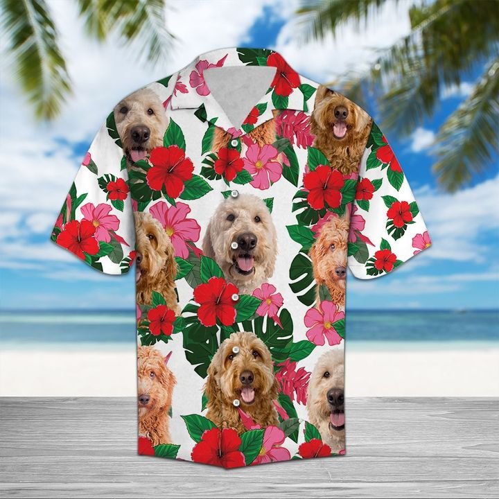 Goldendoodle Hibiscus Hawaiian Shirt Summer Button Up Goldendoodle Hibiscus Hawaiian Shirt Summer Button Up
