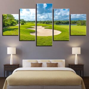 Golf Course Blue Sky Green Lawn - Nature 5 Panel Canvas Art Wall Decor