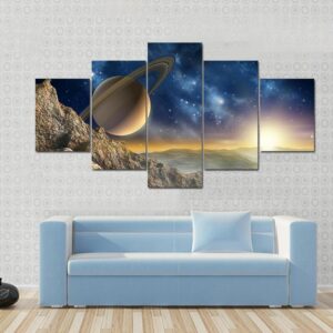 Gorgeous Spacescape As Seen From One Of Saturn Moon - Nature 5 Panel Canvas Art Wall Decor