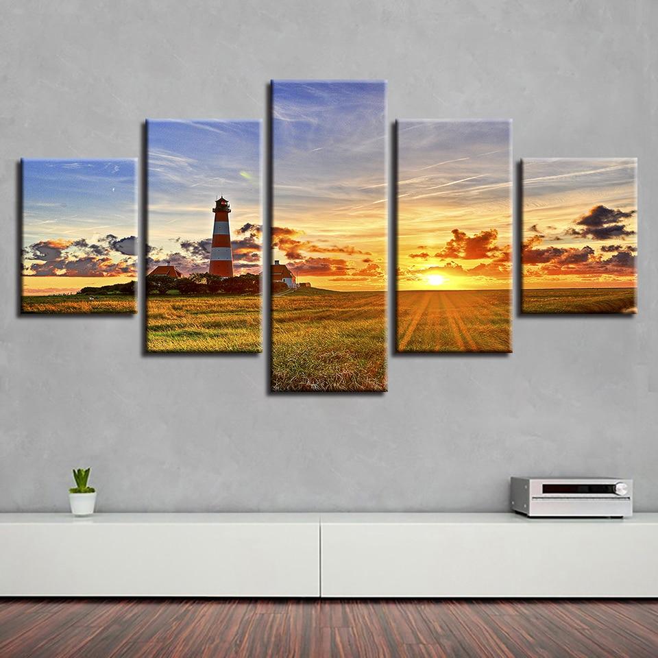 Grassland House Sunshine Beautiful - Nature 5 Panel Canvas Art Wall Decor Grassland House Sunshine Beautiful - Nature 5 Panel Canvas Art Wall Decor