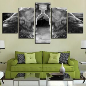 Gray Black Wolf Howl - Animal 5 Panel Canvas Art Wall Decor