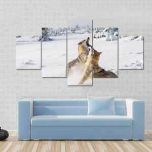 Gray Wolves Pack Howling In Snow - Animal 5 Panel Canvas Art Wall Decor
