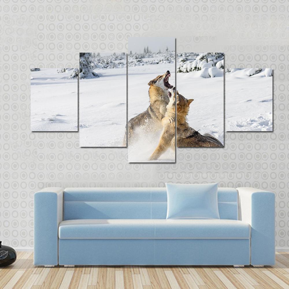 Gray Wolves Pack Howling In Snow - Animal 5 Panel Canvas Art Wall Decor Gray Wolves Pack Howling In Snow - Animal 5 Panel Canvas Art Wall Decor