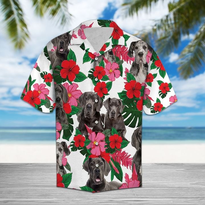 Great Dane Hibiscus Hawaiian Shirt Summer Button Up Great Dane Hibiscus Hawaiian Shirt Summer Button Up