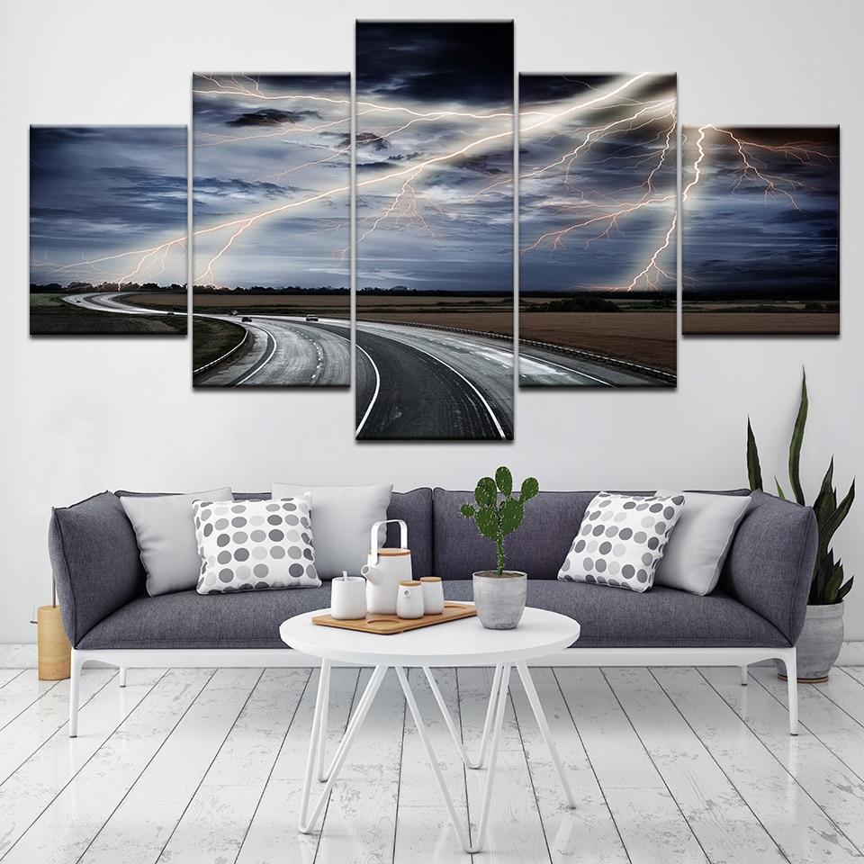 Great Road And Lightning - Nature 5 Panel Canvas Art Wall Decor Great Road And Lightning - Nature 5 Panel Canvas Art Wall Decor