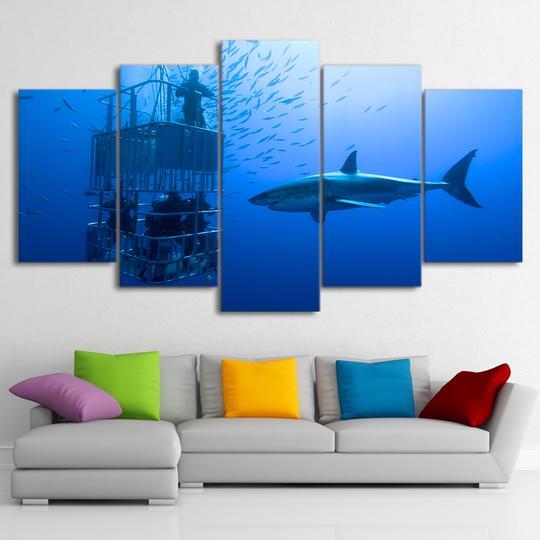 Great White Shark Cage Divers - Ocean 5 Panel Canvas Art Wall Decor Great White Shark Cage Divers - Ocean 5 Panel Canvas Art Wall Decor