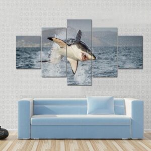 Great White Shark Flying Off From The Water - Animal 5 Panel Canvas Art Wall Decor
