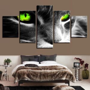 Green Eyed Cat - Animal 5 Panel Canvas Art Wall Decor