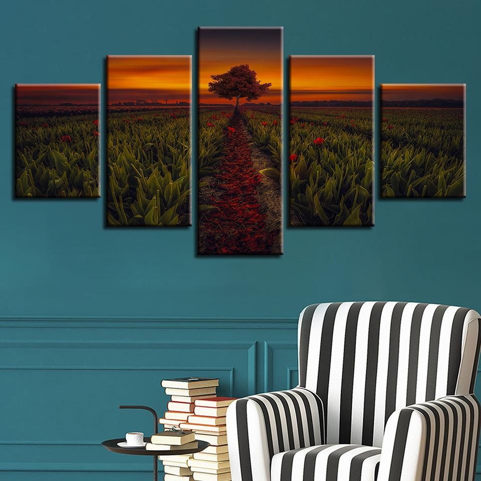 Green Field And Tree - Nature 5 Panel Canvas Art Wall Decor Green Field And Tree - Nature 5 Panel Canvas Art Wall Decor