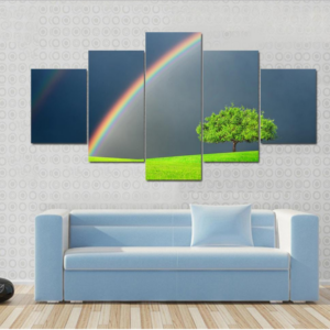 Green Field With Tree&Double Rainbow - Nature 5 Panel Canvas Art Wall Decor