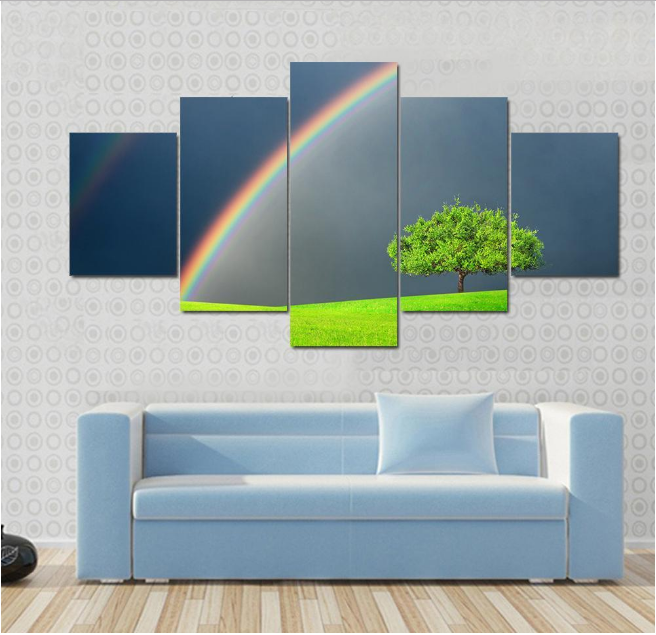 Green Field With Tree&Double Rainbow - Nature 5 Panel Canvas Art Wall Decor Green Field With Tree&Double Rainbow - Nature 5 Panel Canvas Art Wall Decor