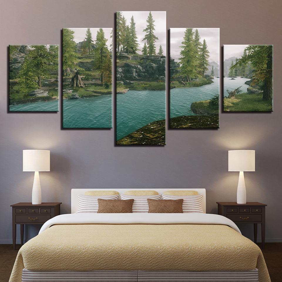 Green Forest River - Nature 5 Panel Canvas Art Wall Decor Green Forest River - Nature 5 Panel Canvas Art Wall Decor