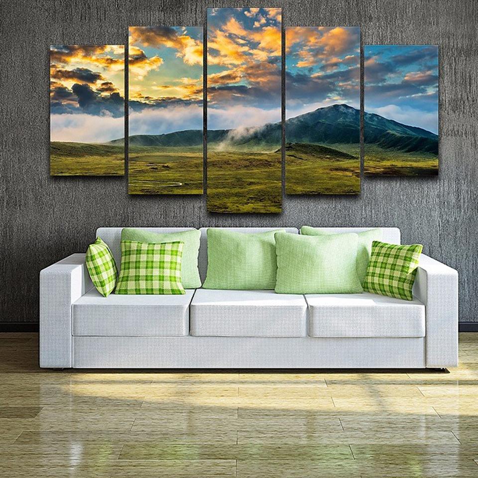 Green Grass Lawn And Mountains - Nature 5 Panel Canvas Art Wall Decor Green Grass Lawn And Mountains - Nature 5 Panel Canvas Art Wall Decor