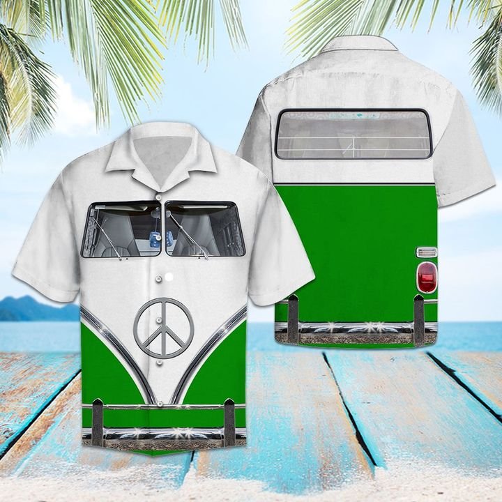 Green Hippie Bus Hawaiian Shirt Summer Button Up Green Hippie Bus Hawaiian Shirt Summer Button Up