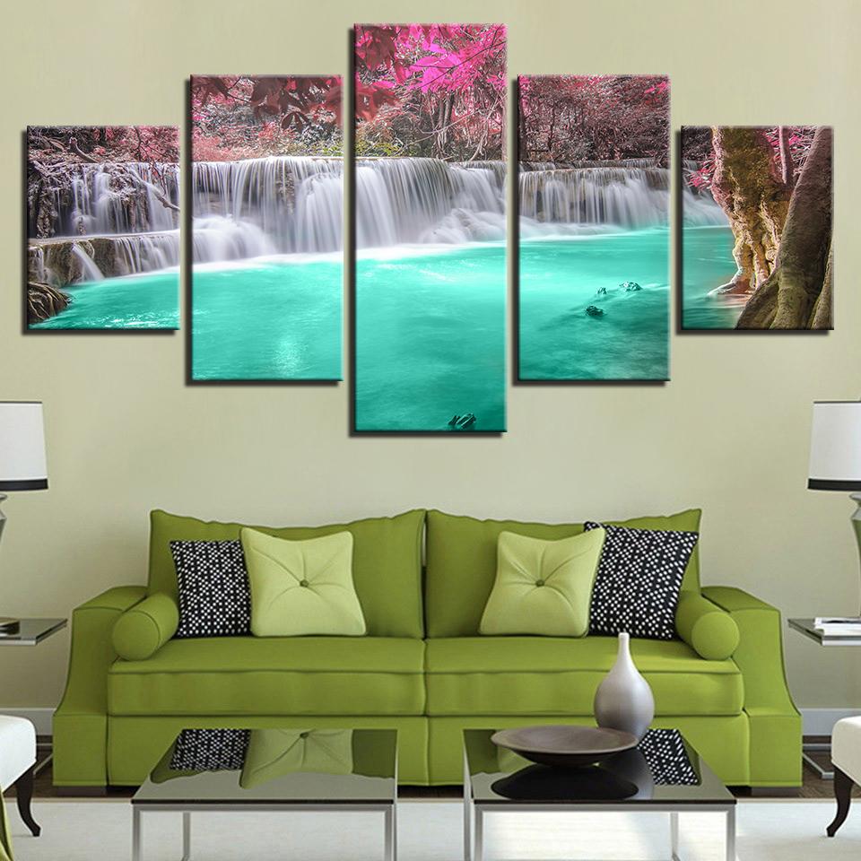 Green Lake Red Trees - Nature 5 Panel Canvas Art Wall Decor Green Lake Red Trees - Nature 5 Panel Canvas Art Wall Decor