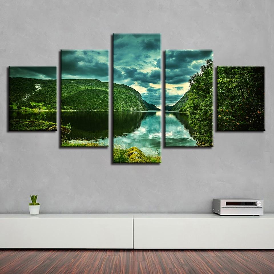 Green Mountain And Green Water - Nature 5 Panel Canvas Art Wall Decor Green Mountain And Green Water - Nature 5 Panel Canvas Art Wall Decor