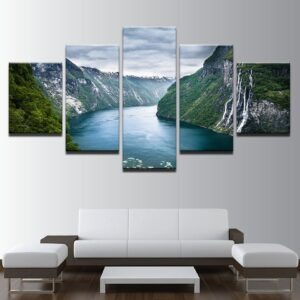 Green Mountain And River - Nature 5 Panel Canvas Art Wall Decor
